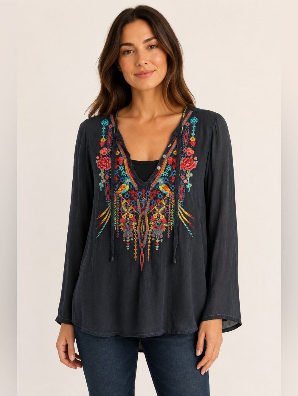 Johnny Was Embroidered Floral Bird Boho Tunic Blouse Size Medium